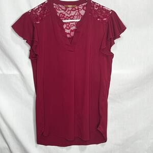 Gaharu Dark Red V-Neck Flutter Sleeve Lace Shirt S